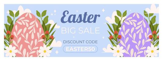 Pasqua vendita orizzontale bandiera modello per promozione. design su cielo blu sfondo con dipinto uova, le foglie e fiori vettore