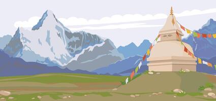 Visualizza di il Himalaya, buddista stupa decorato con bandiere. montagna orizzontale paesaggio di Nepal. vettore illustrazione, piatto stile. religioso posto di culto e preghiera.
