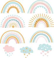 impostato di carino vettore arcobaleni nel scandi pastello sfumature, nuvole con stelle, cuori, gocce di pioggia, kawaii adorabile per ragazza, delicato disegni nel semplice piatto stile.