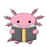 carino cartone animato Axolotl con libro nel colore vettore