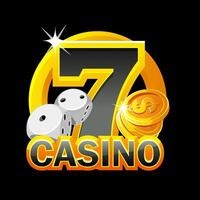 nero-dorato icona per il casinò. d'oro monete, dado, fortuna numero 7 e logo casinò. vettore