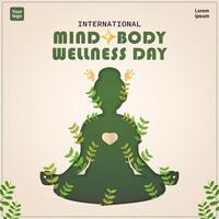 internazionale mente-corpo benessere giorno. papercut silhouette di donna nel yoga meditazione la pratica, con pianta elementi, 3d vettore, adatto per Salute e eventi vettore