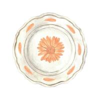 Vintage ▾ acquerello ceramica piatto con arancia calendula fiore. il illustrazione è mano disegnato su un isolato sfondo. disegno per menù design confezione manifesto sito web, tessile inviti opuscolo vettore