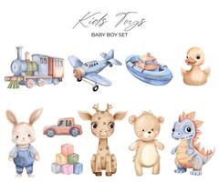 acquerello giocattoli impostare. mano disegnato ragazzo giocattolo, aereo, treno, barca. infantile vettore illustrazione pastello colori.