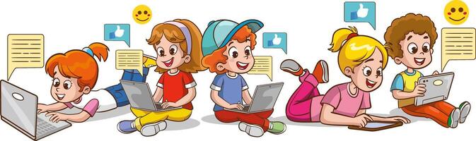 vettore illustrazione di figli di formazione scolastica. bambini utilizzando compresse e telefoni. uso di tecnologia nel formazione scolastica. sociale media e bambini.