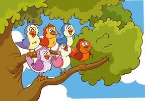 famiglia di uccelli seduta su un' albero ramo. vettore cartone animato illustrazione.