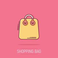 shopping Borsa icona nel comico stile. borsetta cartone animato cartello vettore illustrazione su isolato sfondo. pacchetto spruzzo effetto attività commerciale concetto.