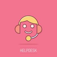 helpdesk icona nel comico stile. cuffie cartone animato vettore illustrazione su isolato sfondo. Chiacchierare operatore spruzzo effetto attività commerciale concetto.