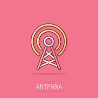 antenna Torre icona nel comico stile. emittente cartone animato vettore illustrazione su isolato sfondo. Wi-Fi spruzzo effetto attività commerciale concetto.
