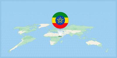 Posizione di Etiopia su il mondo carta geografica, segnato con Etiopia bandiera spillo. vettore