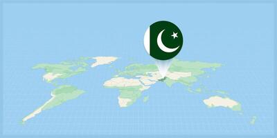 Posizione di Pakistan su il mondo carta geografica, segnato con Pakistan bandiera spillo. vettore