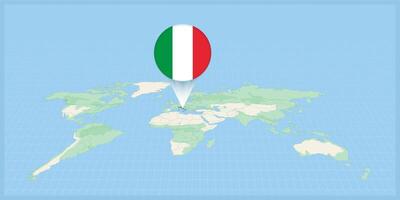 Posizione di Italia su il mondo carta geografica, segnato con Italia bandiera spillo. vettore