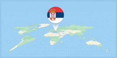 Posizione di Serbia su il mondo carta geografica, segnato con Serbia bandiera spillo. vettore