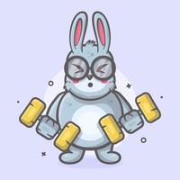 carino coniglio animale personaggio portafortuna fare bodybuilding utilizzando manubrio isolato cartone animato vettore