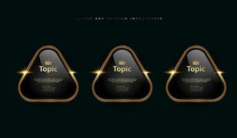 gruppi di tre triangolo premio qualità banner con corona, un' oro triangolo nero metallico il giro distintivo, un' oro brillante pulsante, impostato di tre metallico d'oro Infografica vettore
