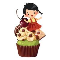 cartone animato illustrazione di un' ragazza seduta su un' grande Cupcake vettore