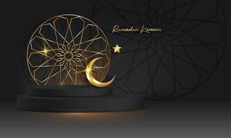 Ramadan lusso islamico podio con oro mezzaluna Luna, tradizionale islamico il giro telaio. 3d orizzontale Arabo bandiera per Prodotto vetrina, Prodotto presentazione, cosmetici, base, i saldi, nero sfondo vettore