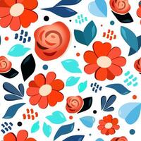 senza soluzione di continuità vettore modello con disegnato fiori e foglia. rosso blu sfondo con impianti nel piatto design. per scrapbooking, bambini Abiti, vestito e tessile