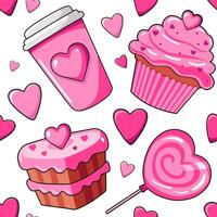 senza soluzione di continuità vettore modello con disegnato a mano rosa caffè, lecca-lecca, torta e cuori. sfondo di San Valentino giorno. per scrapbooking, bambini Abiti, vestito e tessile