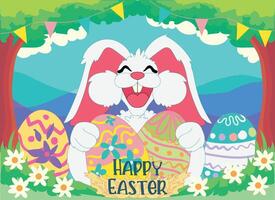 contento Pasqua vettore carta, striscione, confine con carino Pasqua coniglio, uova, primavera fiori.