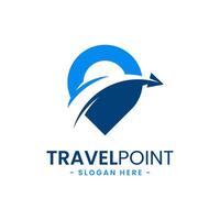 viaggio punto logo design modello. perno icona con aereo combinazione. concetto di vacanza, turismo, viaggio, esplorazione, eccetera. vettore