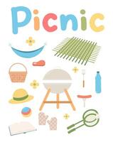 cibo e elementi per estate o primavera picnic. piatto vettore. impostato per picnic giorno. vettore