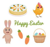 un' impostato con cartone animato Pasqua simboli. Pasqua coniglietto o coniglio , pollo e uova, torta, carota, testo, contento Pasqua. vettore. vettore