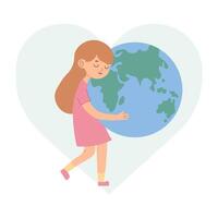 concetto di amore per il terra. terra giorno. un' carino ragazza abbracci il pianeta. prendere cura di nostro terra. ecologico. vettore