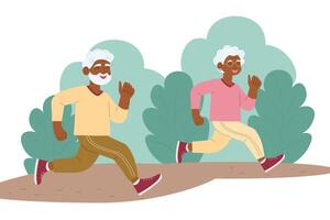 vettore illustrazione. un' contento anziano uomo e un' donna siamo jogging nel un' estate parco. salutare stile di vita.