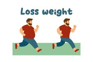 pieno uomo è jogging. peso perdita. concetto di Salute e prendere cura. risultati prima e dopo. vettore