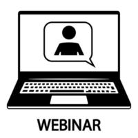 laptop con persone e fumetto per videoconferenze, webinar, chat video, conferenze. comunicazione online, chat. Servizio Clienti. formazione online nell'icona del laptop in un design semplice vettore