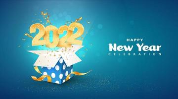 2022 felice anno nuovo illustrazione vettoriale. Natale festeggiare banner su sfondo blu. festa di buon natale. i numeri dorati volano fuori dalla confezione regalo blu. vettore