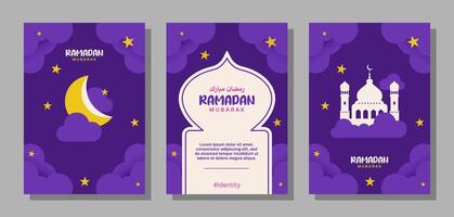 impostato di vettore a4 dimensione Ramadan mubarak per manifesti, carte, copertine, e altri. giocoso disegni con elegante Luna e moschea nel nuvoloso cielo.