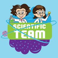 analisi impostato con giovane uomo e donna scienziati sperimentando nel laboratorio. animato logo personaggi scientifico squadra Lavorando vettore