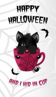 contento Halloween vendita striscione, aviatore su grigio sfondo con ragni, ragnatela, pipistrelli e nero gattino, nascondiglio nel un' tazza. vettore