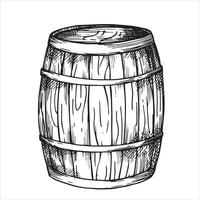 di legno barile con birra, vino, nero e bianca illustrazione nel schizzo stile, incisione. Vintage ▾ disegno vettore