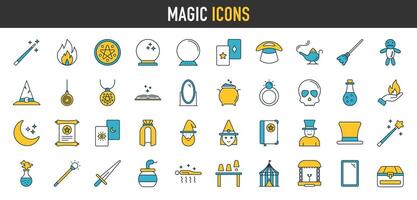 Magia icone impostare. vettore illustrazione. impostato include icone come Magia prenotare, scatola, sfera, coniglio, bacchetta, strega manico di scopa, zombie, fantasma, vudù