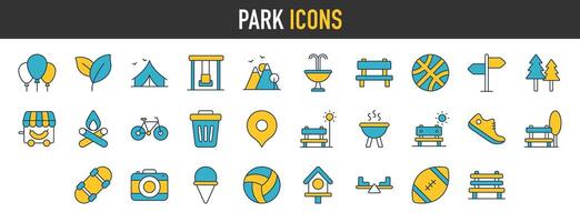 parco icona impostare. contenente foresta, barbecue, campo, panca, picnic e terreno di gioco icone. vettore illustrazione
