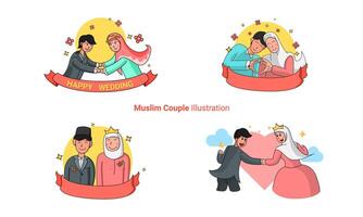 musulmano coppia cartone animato impostato Perfetto per nozze invito vettore