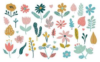 isolato impostato con primavera fiori e le foglie nel piatto stile. primavera arte Stampa con botanico elementi. bambini disegno, per tessuto, avvolgere, tessile, sfondo. vettore
