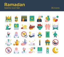 impostato di Ramadan icone con simboli per lanterne, moschea, date. Perfetto per festivo disegni, sociale media messaggi, e vacanza promozioni. islamico simboli e elementi per design e decorazione. vettore