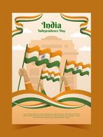 India indipendenza giorno manifesto con tricolore ondulato bandiera vettore