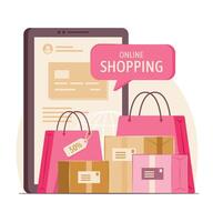 shopping borse e merce scatole con smartphone per in linea shopping e e-commerce concetto illustrazione vettore