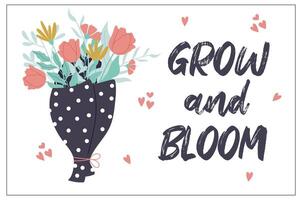 carino saluto carta crescere e fioritura. disegnato a mano mazzo con tulipani, le foglie e cuori. vettore