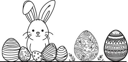 mano disegnato nero linea arte coniglio Pasqua uovo scarabocchio colorazione lineare stile vettore illustrazione elementi. uno continuo linea disegno coniglietto con uova modificabile ictus schema