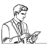attività commerciale uomo mano Tenere moderno inteligente Telefono modello. continuo nero singolo Linee disegno arte icona. dito toccante vuoto schermo trasparente sfondo vettore
