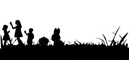 contento Pasqua uovo giorno con bambini, coniglietto. coniglio e erba silhouette senza soluzione di continuità su trasparente sfondo vettore