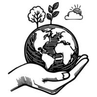 eco terra pianeta icona scarabocchio nero cerchio di globo mondo ambiente giorno mano disegnare schema logo concetto vettore illustrazione