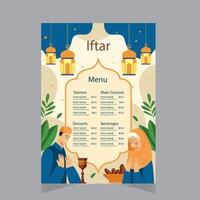 vettore piatto iftar verticale menù modello Ramadan menù modello nel blu islamico sfondo design. anche bene modello per ristorante menù design.