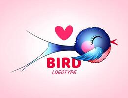 vettore piatto logo di un' uccello su un' rosa sfondo con un' cuore. carino cartone animato blu uccello . eps 10